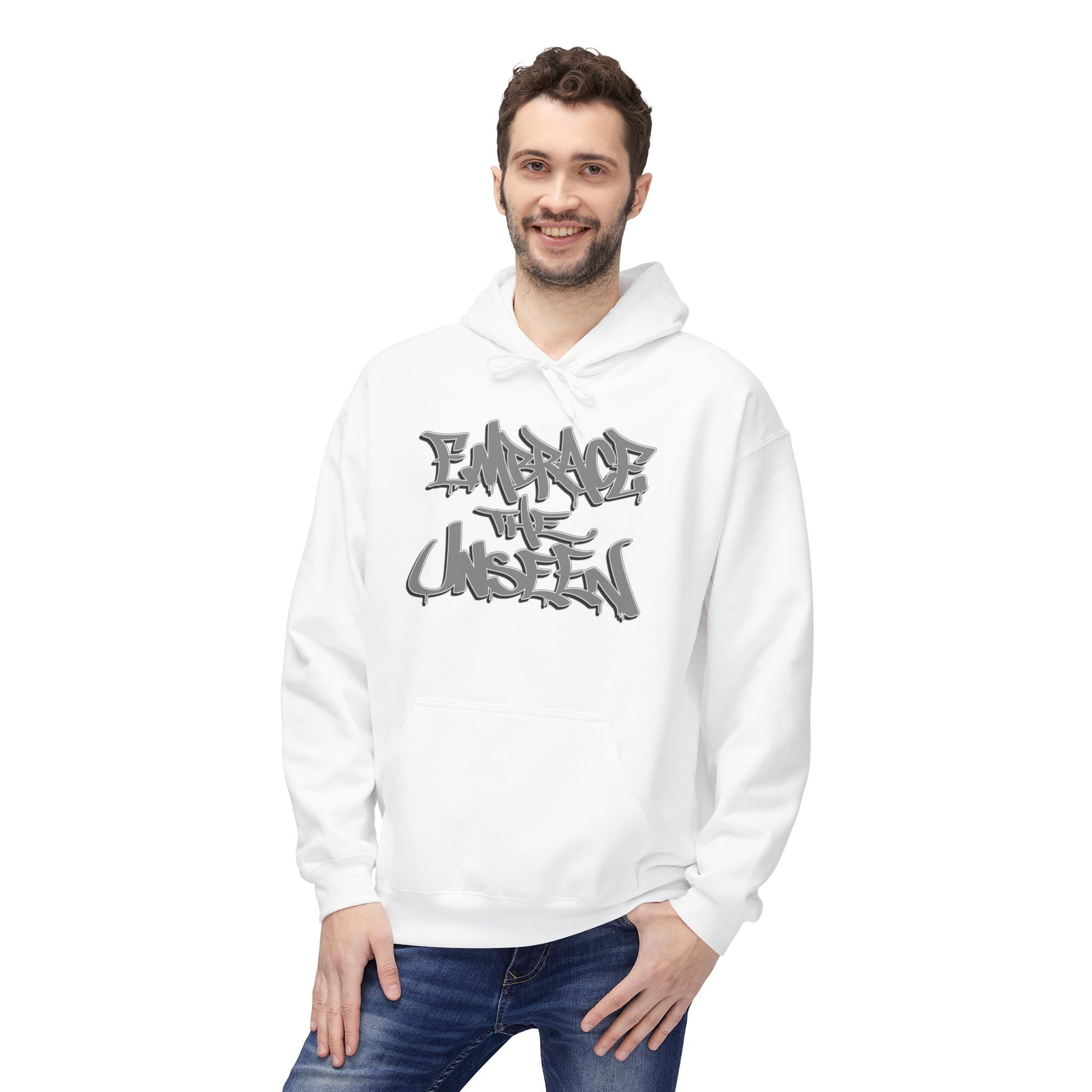 Graffiti-Inspired Unisex Fleece Hoodie, Streetwear Pullover, Urban Apparel, Cozy Gift for Teens, Casual Style, Embrace the Unseen