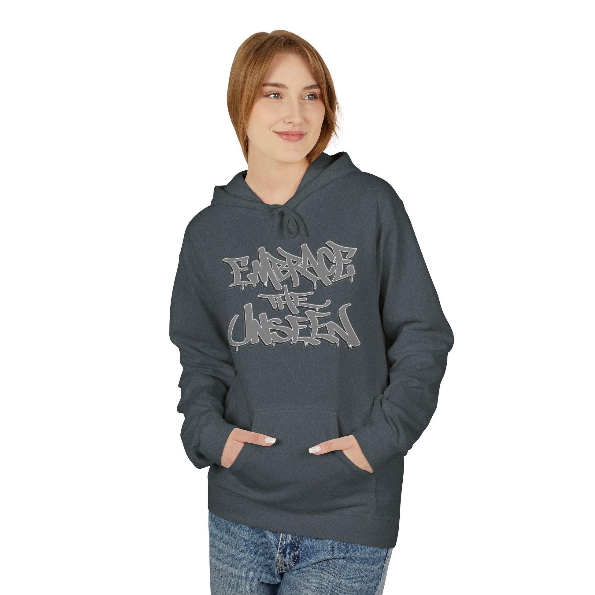 Graffiti-Inspired Unisex Fleece Hoodie, Streetwear Pullover, Urban Apparel, Cozy Gift for Teens, Casual Style, Embrace the Unseen