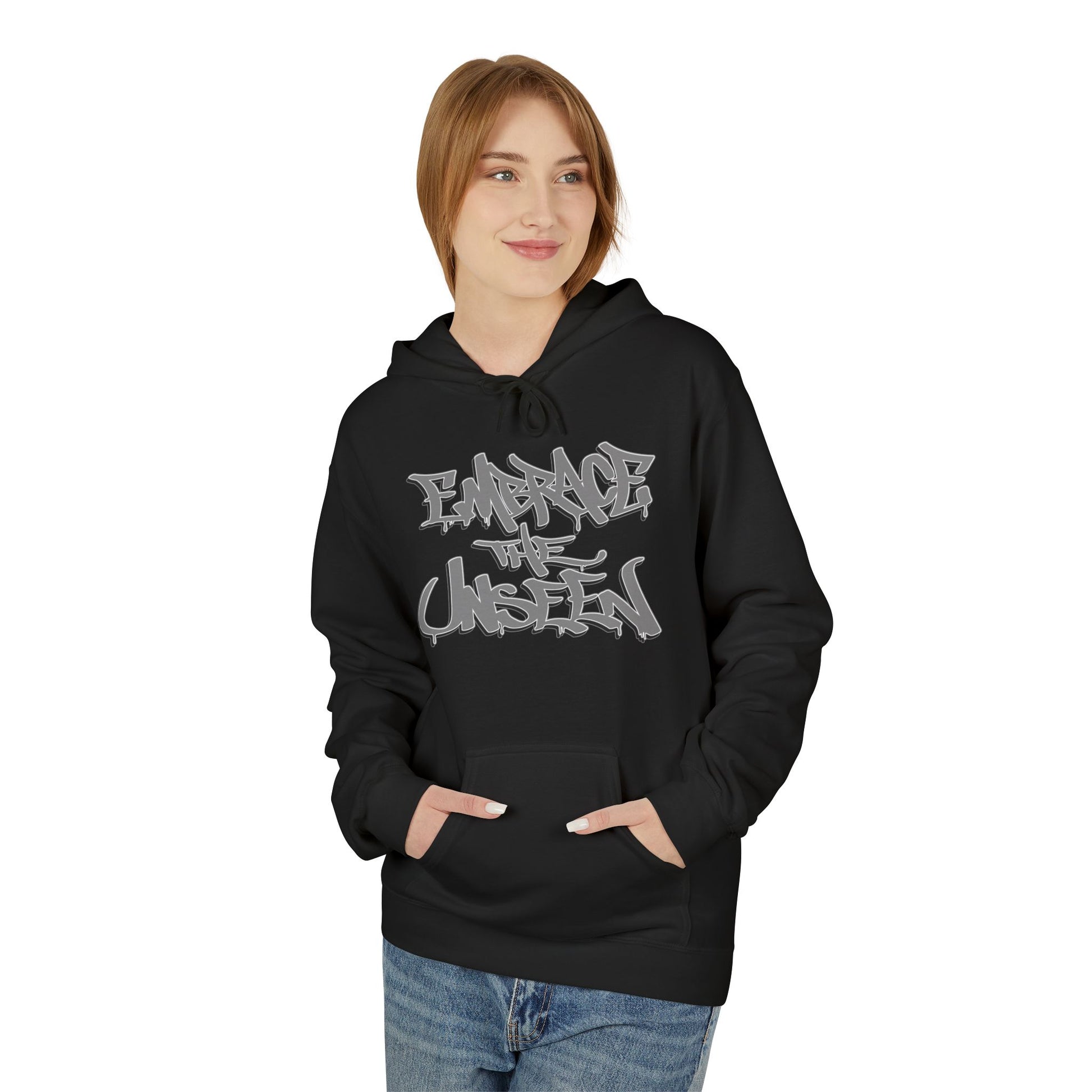 Graffiti-Inspired Unisex Fleece Hoodie, Streetwear Pullover, Urban Apparel, Cozy Gift for Teens, Casual Style, Embrace the Unseen