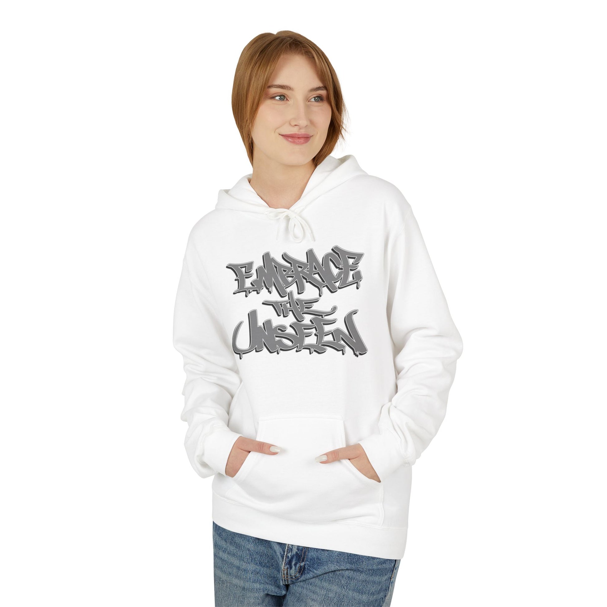 Graffiti-Inspired Unisex Fleece Hoodie, Streetwear Pullover, Urban Apparel, Cozy Gift for Teens, Casual Style, Embrace the Unseen