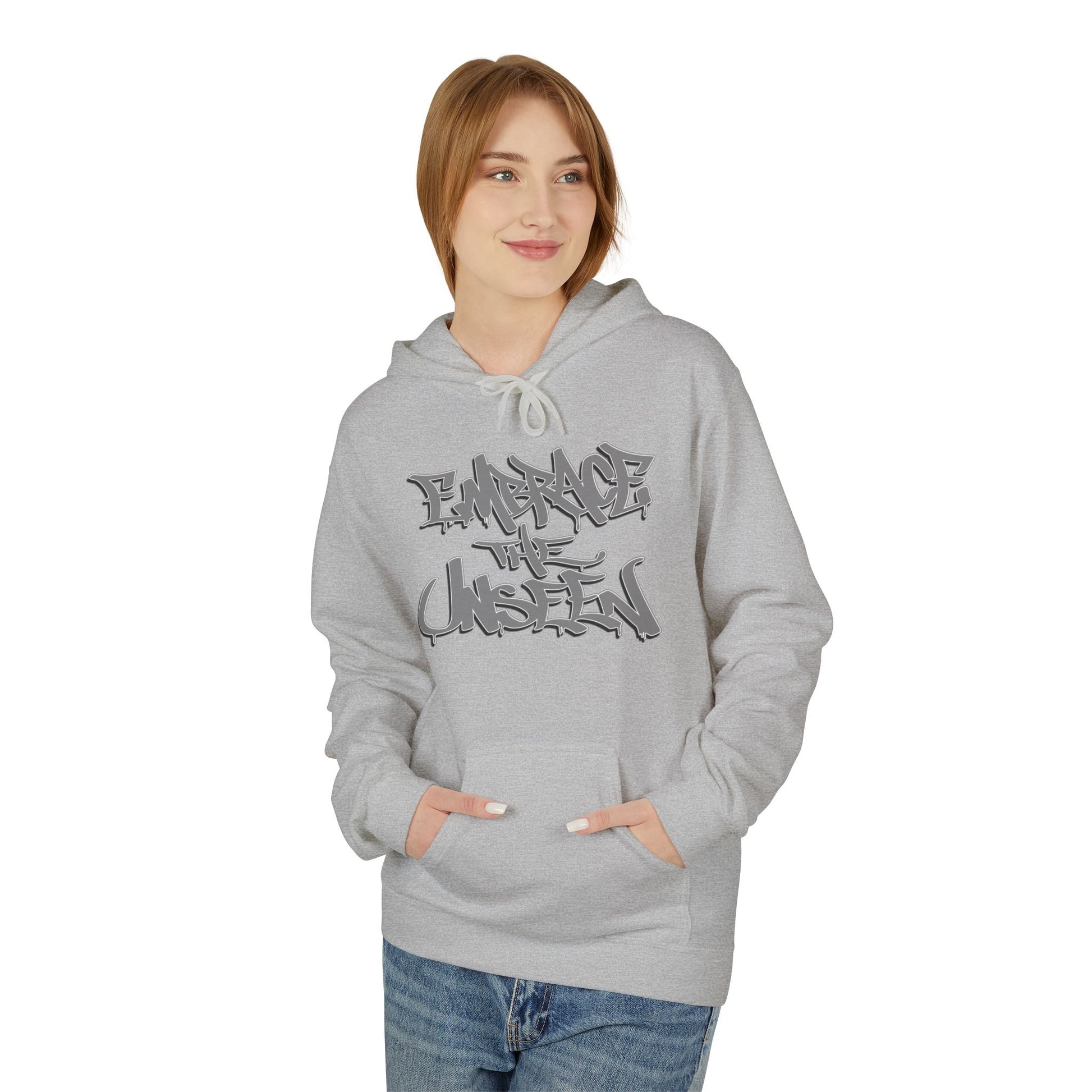 Graffiti-Inspired Unisex Fleece Hoodie, Streetwear Pullover, Urban Apparel, Cozy Gift for Teens, Casual Style, Embrace the Unseen