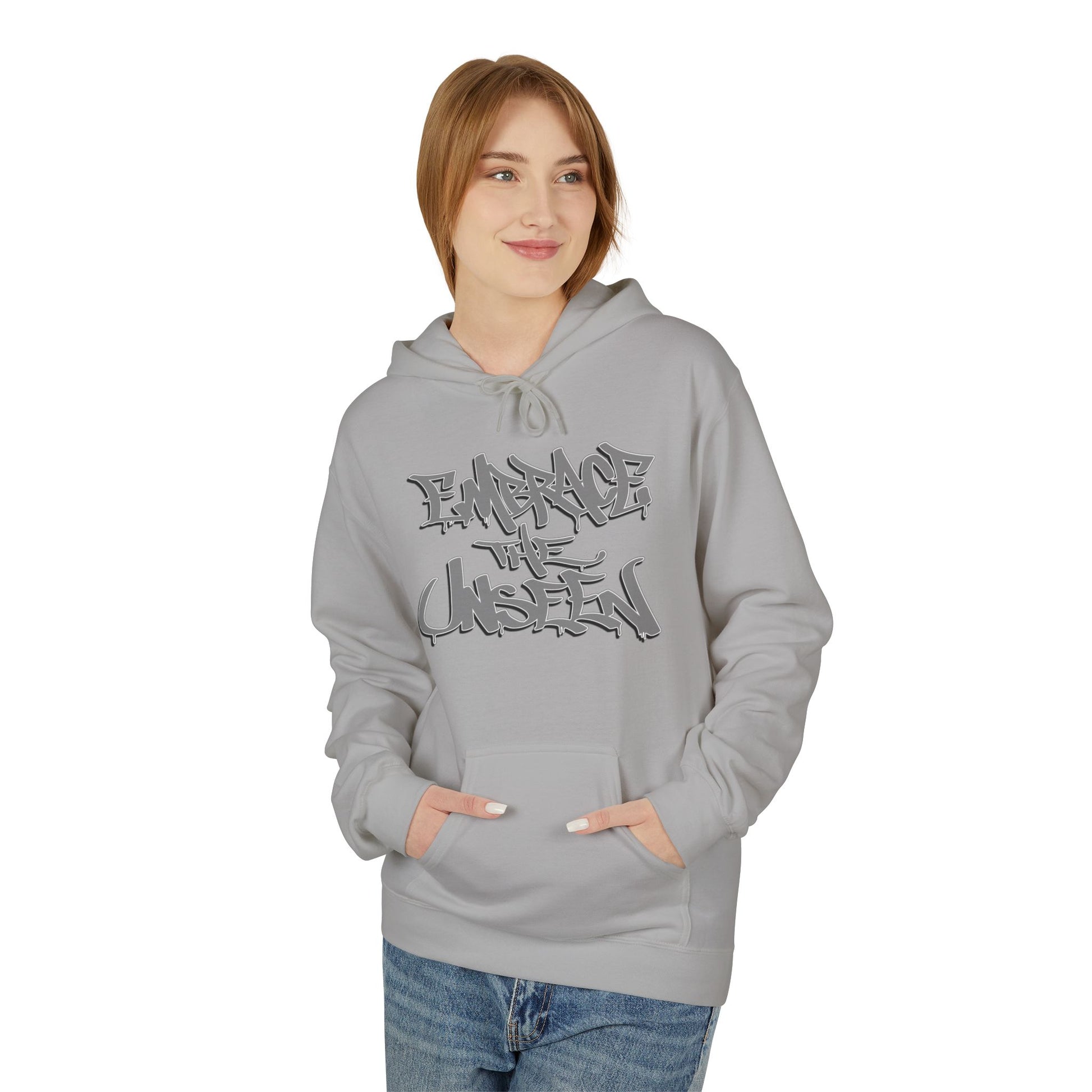 Graffiti-Inspired Unisex Fleece Hoodie, Streetwear Pullover, Urban Apparel, Cozy Gift for Teens, Casual Style, Embrace the Unseen